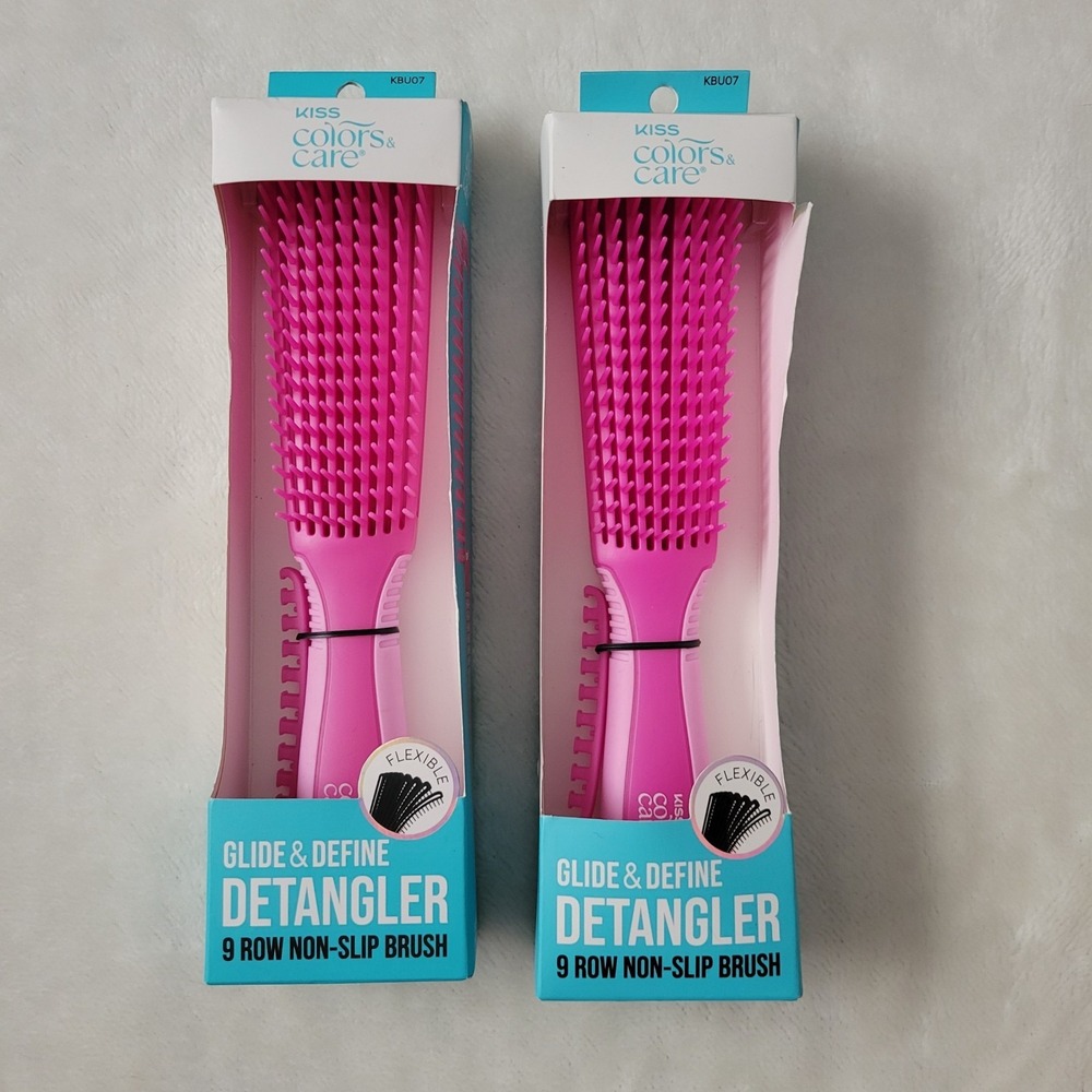 KISS Colors & Care Glide & Define Detangler 9 Row Brush Pink Lot of 2